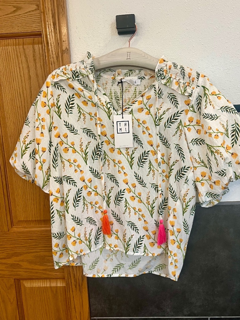 NWT THML Cream Yellow Floral Smocked Puff-Sleeve Blouse with Tassels Size XS - Picture 1 of 9